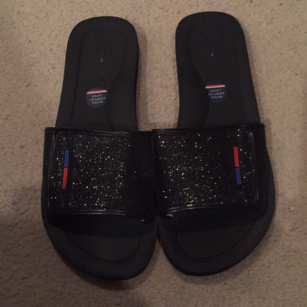 Tommy Hilfiger Black Glitter Sliders